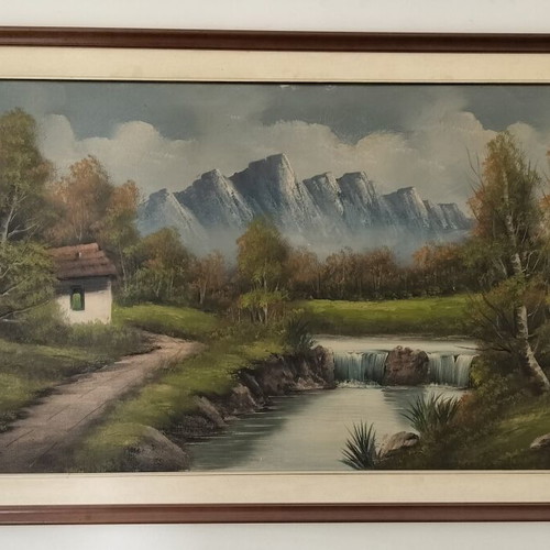 Painting landscape with house and river