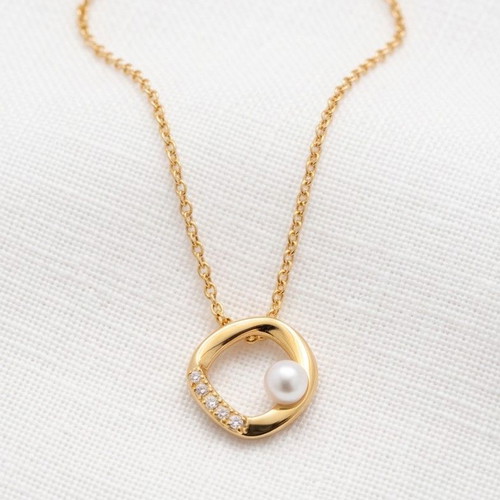 Pandora necklace with irregular circle pendant, pavé stones, 14K gold