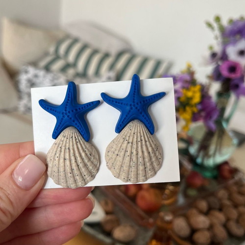 Earrings new, handcrafted polymer clay, beige and blue