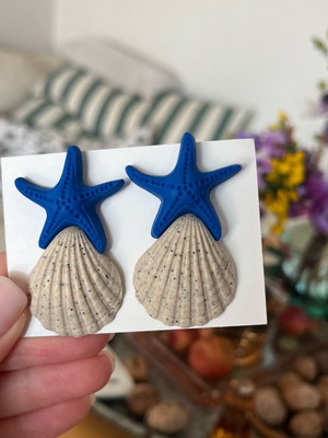 Earrings new, handcrafted polymer clay, beige and blue