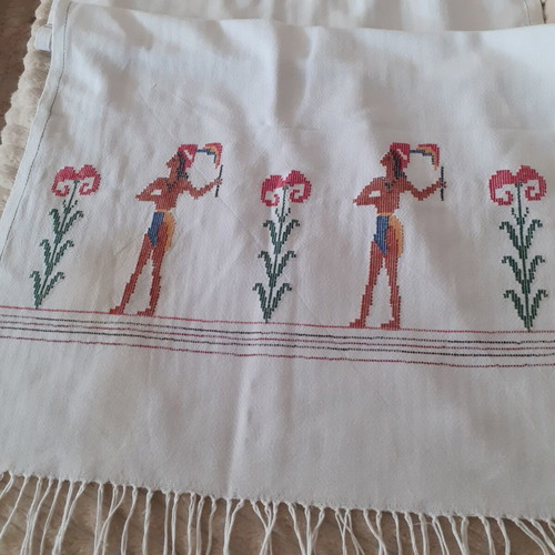 Long woven runner with Minoan Prince with Lilies embroidery and fringes