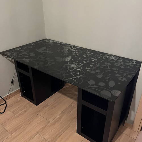 Desk 150x80 glass top with wooden shelves used