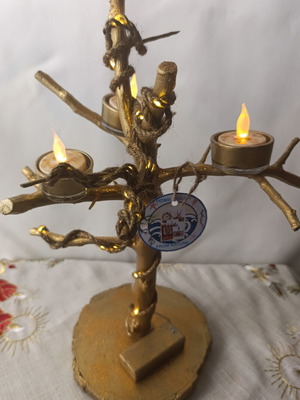 Golden Tree Candle Holder with LED Garland and Safe Candles