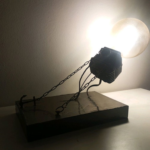 Handmade desk lamp from chainsaw parts and wood new