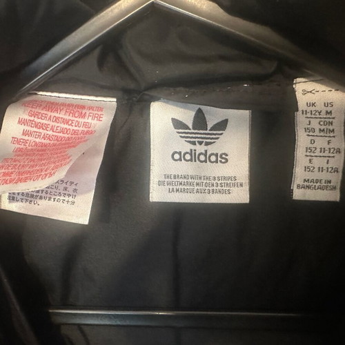Adidas kids puffer jacket black with pink stripes like new, age 11-12