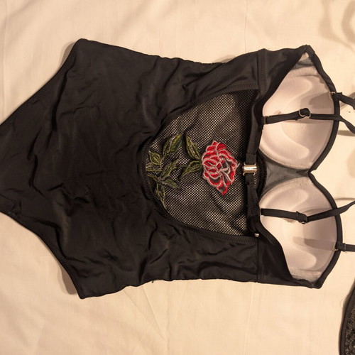 Black goth one piece swimsuit with mesh and embroidered rose, like new, size S/M
