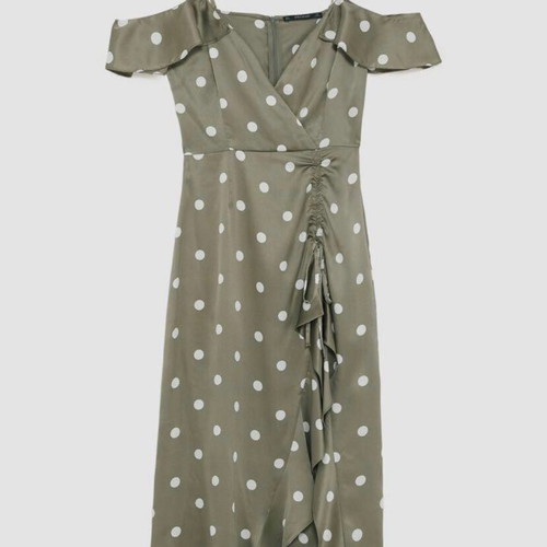 Zara Satin Khaki Polka Dot Open Shoulder Midi Dress Size Medium like new