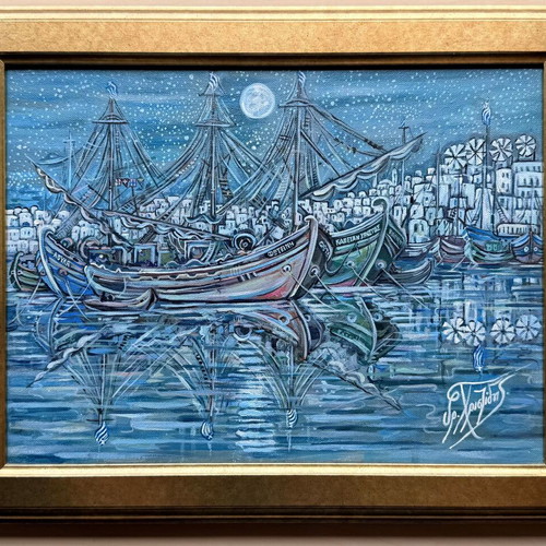 Acrylic painting Kaikia at the harbor under moonlight by Grigoris Christidis