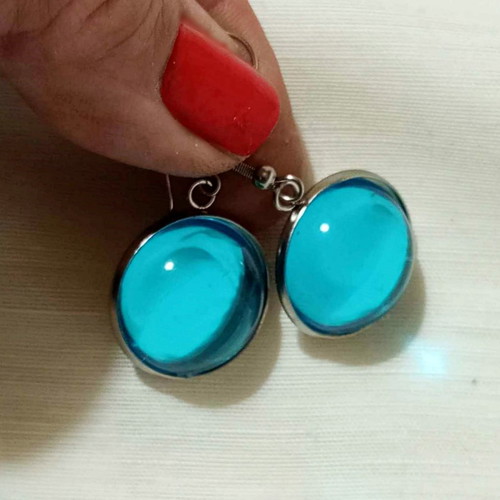 Round earrings with blue cabochon new, stainless steel