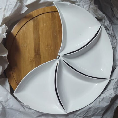 White porcelain nut bowl set of 6 with rotating bamboo base