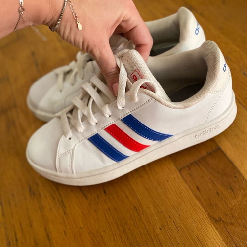 Adidas sneakers used, size 38.5, white with blue and red stripes