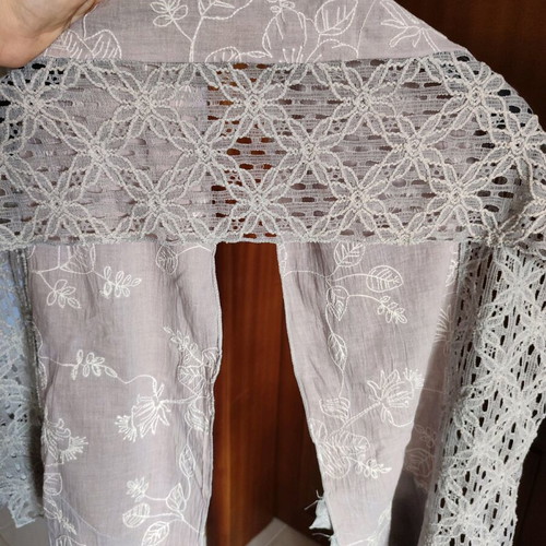 Scarf new with embroidery and lace gray-lilac
