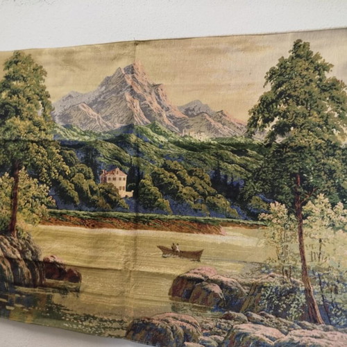 Woven wall hanging like new, mountain and lake scene 70x110 cm