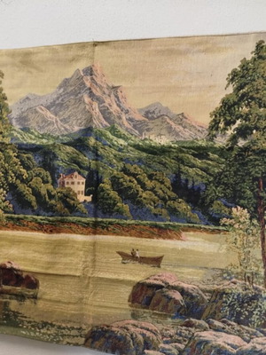 Woven wall hanging like new, mountain and lake scene 70x110 cm