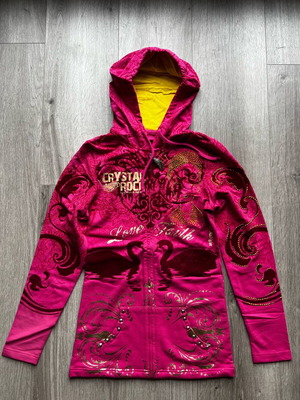 Christian Audigier Crystal Rock women's sweatshirt new, pink Berry with crystals and gold foil
