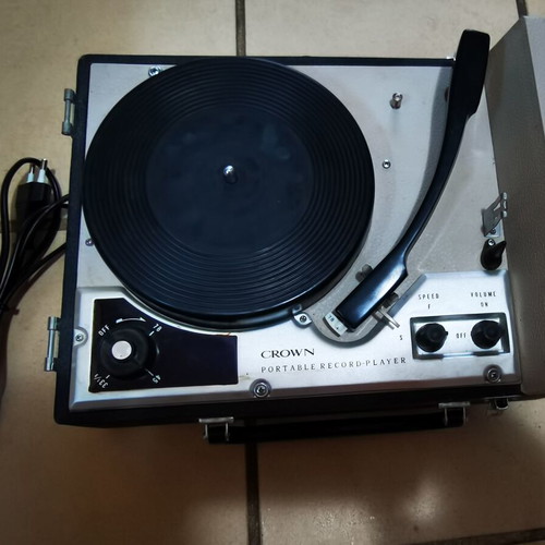 Crown portable record player used, 1960s with leather case
