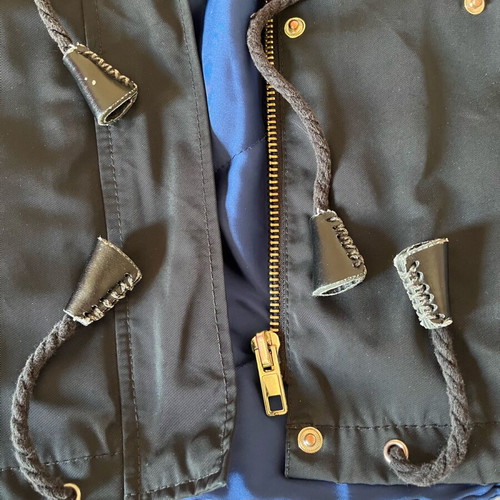 Zara black parka with blue satin lining and detachable hood size L