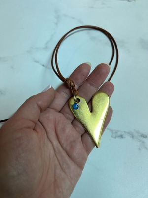 Heart necklace with evil eye and long brown leather cord like new