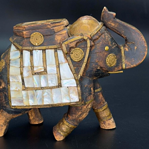 Decorative handmade vintage elephant wood brass mother of pearl
