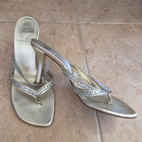Stuart Weitzman Crystal Embellished Metallic Sandals, EU 38.5