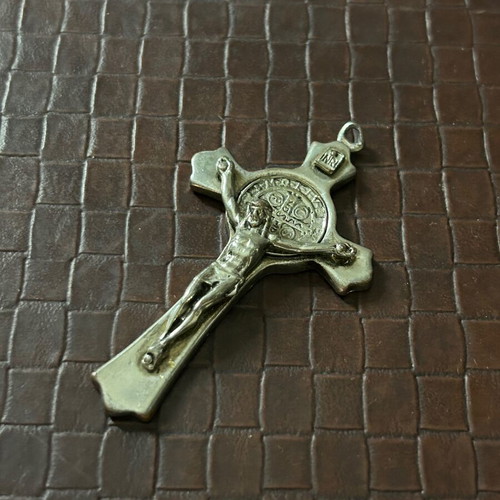 Cross pendant used with silver finish and Saint Benedict medal