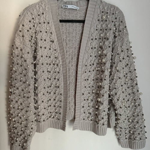 Zara crop cardigan with white and silver pearls, pink