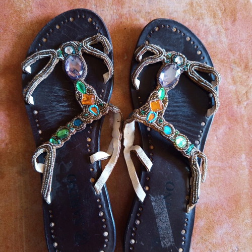Leather sandals with crystals used, size 38-39, narrow fit