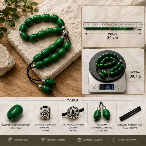 Premium Luxury Handmade Komboloi ZA-028 Green Synthetic Resin
