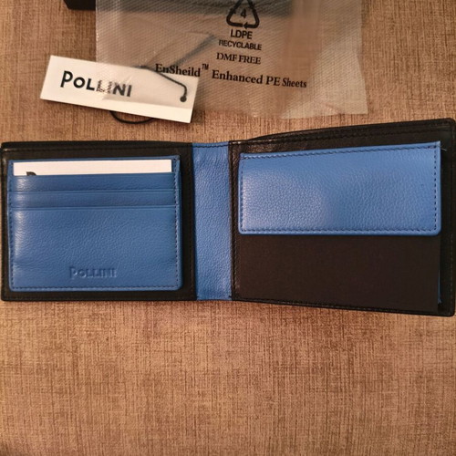 Pollini men's leather wallet new, black and blue