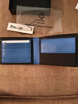 Pollini men's leather wallet new, black and blue