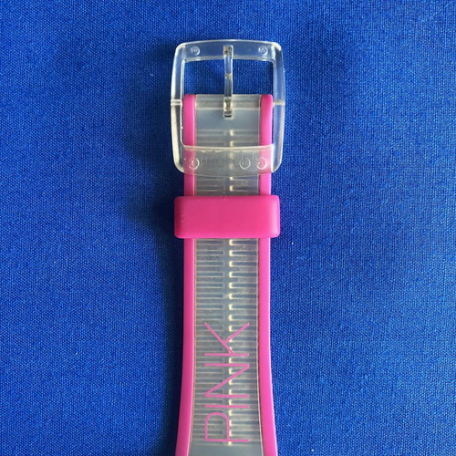 Swatch wristwatch with battery, pink silicone strap