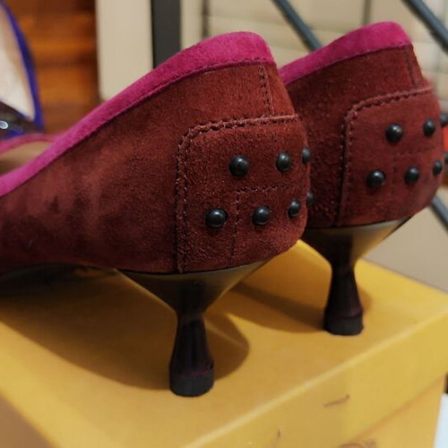 Tod's suede kitten heel loafers, brown and fuchsia, size 39