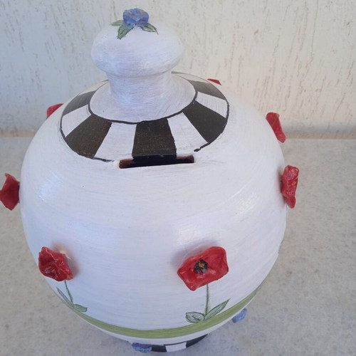 Handmade piggy bank with painted and embossed flowers, clay, new