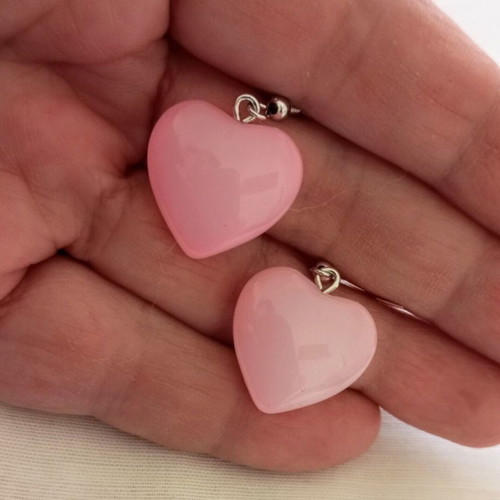 Quartz heart-shaped earrings new, pink and silver