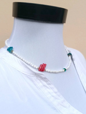 Stainless steel white necklace with Swarovski, red coral & blue shells