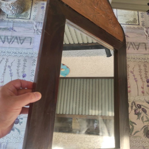 Vintage wooden handmade mirror 73x43cm with copper inscription 'καλημέρα' like new
