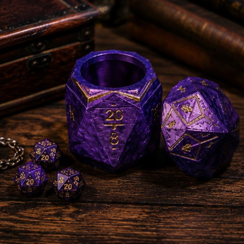 D20 Fantasy Dice Box new, purple and gold, 3D printed
