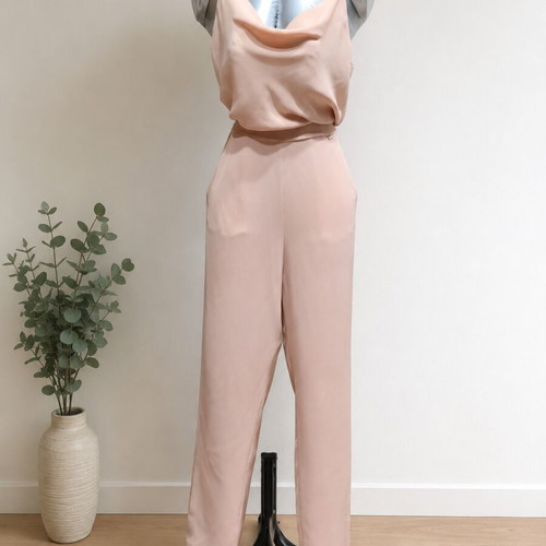 Jumpsuit with rhinestone straps like new, pink nude