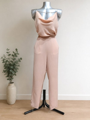 Jumpsuit with rhinestone straps like new, pink nude