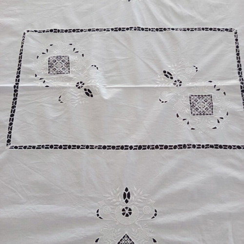 Tablecloth authentic handmade white with rich cutwork embroidery