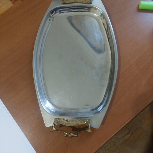Vintage stainless steel serving tray used, year 1950