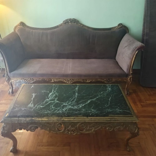 Three-seater sofa with light brown velvet upholstery