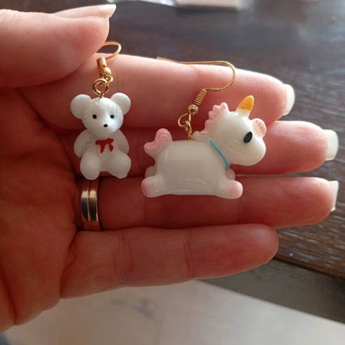 Earrings pair new with teddy bear, dog, unicorn, white and pink