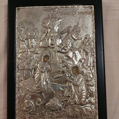 Silver icon The Nativity of Christ 950° like new with wooden frame 22×16