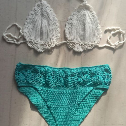 Handmade knitted bikini turquoise and white size medium like new