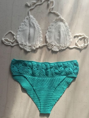 Handmade knitted bikini turquoise and white size medium like new