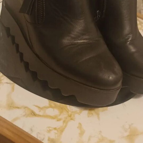 Black leather wedge platform boots