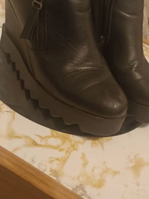 Black leather wedge platform boots