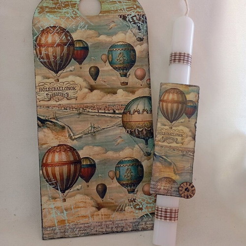 Hot air balloons used, wooden candle back with candle and matching bookmark