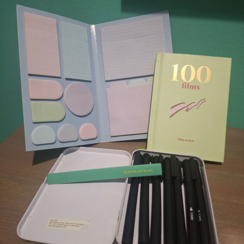 Stationery set like new with sticky notes, film notebook & Flying Tiger markers